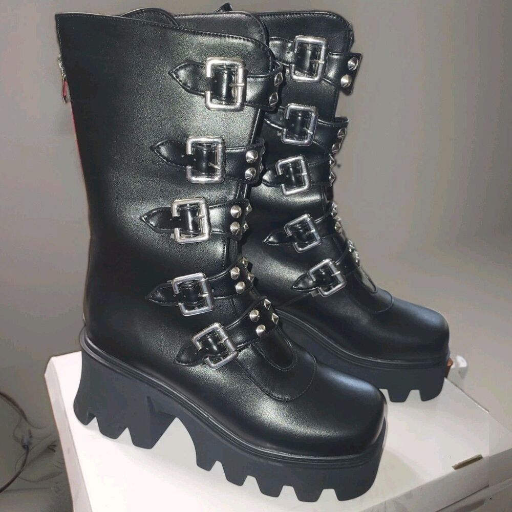 YIYA Black Platform Goth Boots Studded Buckle NIB 43